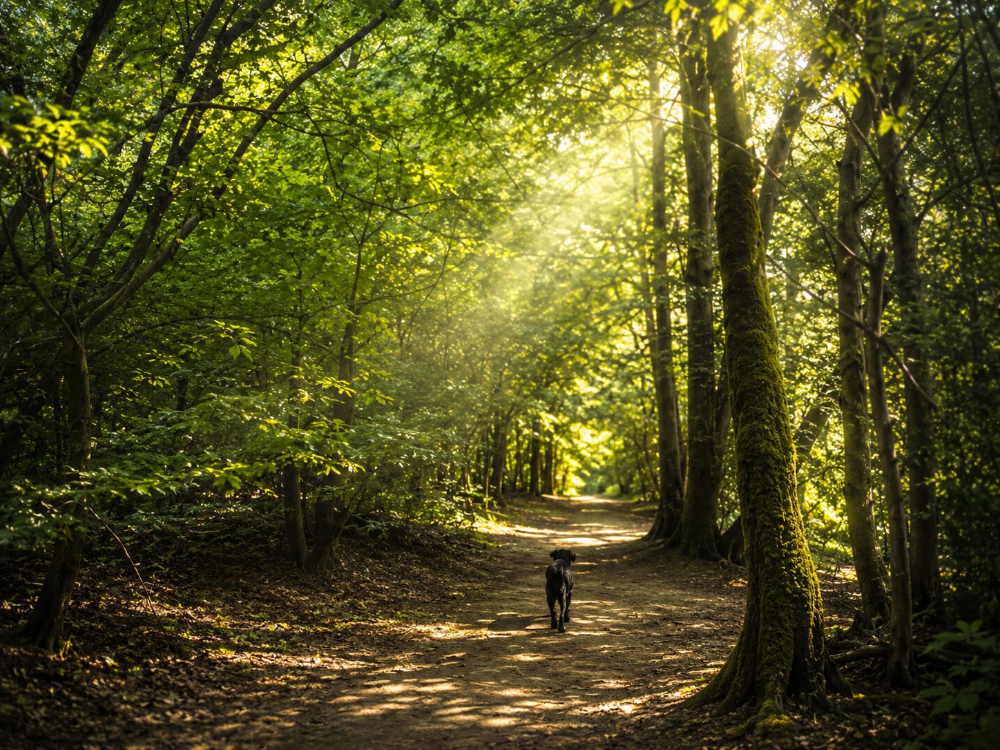 A woodland path in morning light at Ashenground, West Sussex