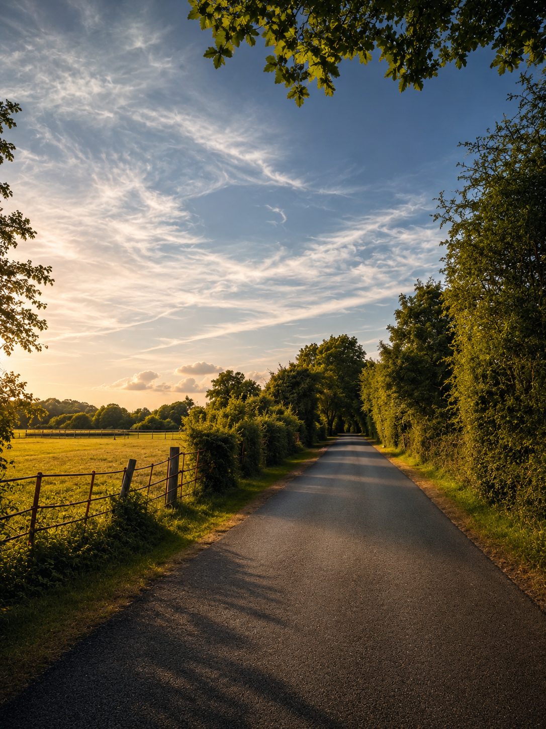 A tree lined lane in Surrey at sunset